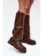 Ocieplane Kozaki Z Wywiniętą Cholewką I Klamrą Czekoladowe Fiorae