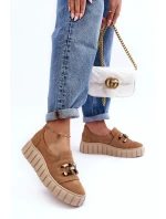 Zamszowe Półbuty Damskie Na Platformie Z Ozdobą Ciemnobeżowe Lewski 3398