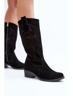 Zazoo 4043 Zamszowe Kozaki Na Niskim Obcasie Ażurowe Czarne