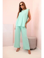 Dámska súprava z viskózy bez rukávov s rovnými nohavicami mätovej farby