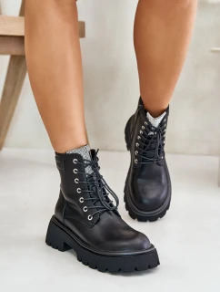 Ocieplane Skórzane Botki Workery Damskie Z Cyrkoniami GOE OO2N4125 Czarne