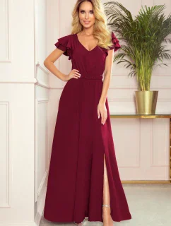 LIDIA - Dlhé dámske šaty vo vínovej bordovej farbe s výstrihom a volánikmi 310-5