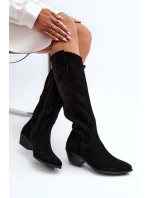 Zazoo 2909 Zamszowe Kozaki Ażurowe Na Niskim Obcasie Czarne