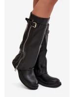 Kozaki Damskie Z Wywiniętą Cholewką Klamrą I Srebrnym Zamkiem Ocieplane Czarne Bressa