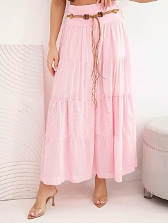 Dámska maxi bavlnená sukňa s čipkovou výšivkou a elastickým pásom candy pink