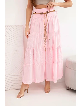 Dámska maxi bavlnená sukňa s čipkovou výšivkou a elastickým pásom candy pink Dámska maxi bavlnená sukňa s čipkovou výšivkou a elastickým pásom candy pink