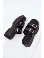 Klapki Damskie Na Koturnie I Platformie Z Klamrami Czarne Nitarelia