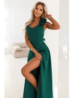 643-1 Elegantné večerné maxi šaty s rozparkom a ružami - fľaškovo zelené