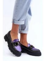 Półbuty Loafersy Damskie Skórzane Na Płaskim Obcasie Czarno-Fioletowe Elkiza
