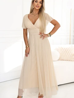 635-9 MELANIA dlhé trblietavé svadobné šaty s výstrihom a krátkymi rukávmi - béžové