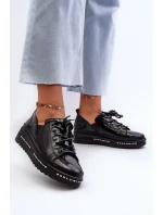 Sznurowane Półbuty Damskie Na Platformie Skóra Naturalna S.Barski LR620 Czarne