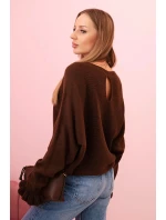 Dámsky mohérový sveter s nariasenými rukávmi a výrezom na chrbte hnedý