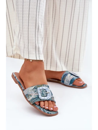 Płaskie Klapki Damskie Z Ozdobną Klamrą Niebieskie Clariola