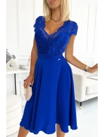 LINDA - Šifónové dámske šaty v nevädzovej farbe s krajkovým výstrihom 381-3