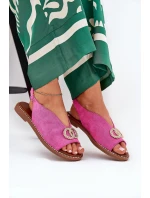 Sandały Damskie Z Ozdobą Na Płaskim Obcasie Eko Zamszowe Różowe Ralisses