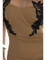 617-1 Dlhé šaty s čiernou čipkou a sieťovinou - MOCHA MOUSSE