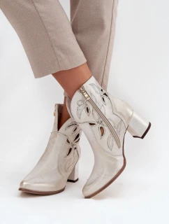 Skórzane Ażurowe Botki Damskie Na Słupku Zazoo 3647 Złoty Przecierany