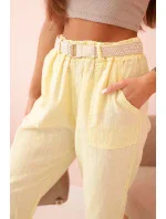 Dámske ľanové nohavice s bavlnou a opaskom - žlté