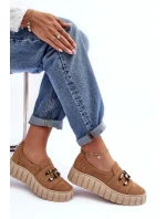 Zamszowe Półbuty Damskie Na Platformie Z Ozdobą Ciemnobeżowe Lewski 3398