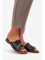 Skórzane Płaskie Eleganckie Klapki Z Kokardką Lewski 3572 Czarne