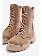 Zamszowe Damskie Botki Workery Sznurowane Beżowe Nicole 2836