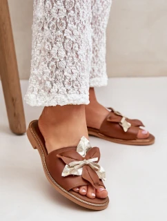 Klapki Z Ozdobą Skóra Naturalna Zazoo 3574/Z Camel