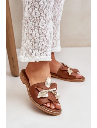 Klapki Z Ozdobą Skóra Naturalna Zazoo 3574/Z Camel