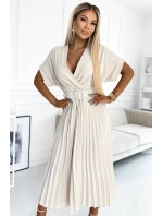 471-1 FELICIA Plisované midi šaty s výstrihom a širokým opaskom - BEACH 471-1 FELICIA Plisované midi šaty s výstrihom a širokým opaskom - BEACH