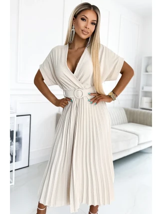 471-1 FELICIA Plisované midi šaty s výstrihom a širokým opaskom - BEACH 471-1 FELICIA Plisované midi šaty s výstrihom a širokým opaskom - BEACH