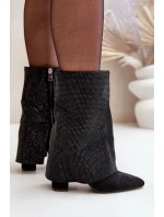 Zdobione Błyszczące Botki Z Wywiniętą Cholewką Na Słupku Ocieplane Czarne Xistaria