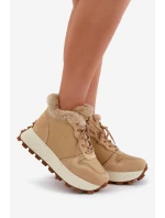 Skórzane Sneakersy Trapery Damskie Z Futerkiem Na Platformie Big Star OO274A330 Beżowe