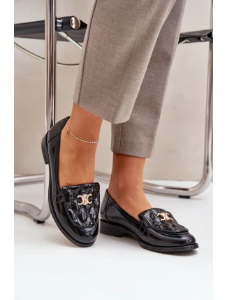 Skórzane Lakierowane Mokasyny Ze Złotą Ozdobą Laura Messi 2927 Czarne