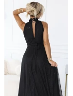 636-3 VERONICA luxusné dlhé šaty s brokátovým akcentom a elegantným strihom - čierne