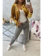 Horčicová velúrová mikina s kapucňou