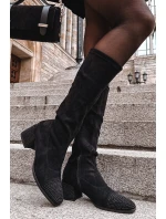 Kozaki Damskie Ze Zdobieniem Na Klocku Eko Zamszowe Czarne Ivanna