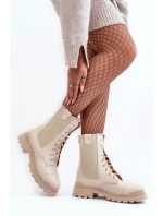 Skórzane Damskie Botki Workery Sznurowane Jasnobeżowe Nicole 2836