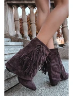 Dámské kotníkové boty na podpatku s třásněmi a zlatými přezkami čokoládové Evelisse