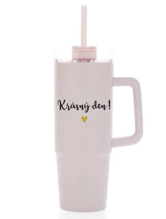 KRÁSNÝ DEN - růžový cestovní termohrnek s průhledným víčkem 900 ml  
