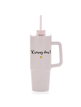 KRÁSNÝ DEN - růžový cestovní termohrnek s průhledným víčkem 900 ml  