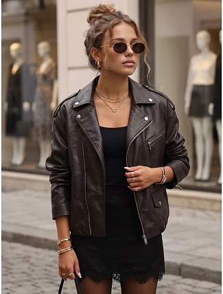 Dámska bunda v štýle „Ramones“ z ekologickej kože, hnedá, FashionStreet TY5918 Dámska bunda v štýle „Ramones“ z ekologickej kože, hnedá, FashionStreet TY5918