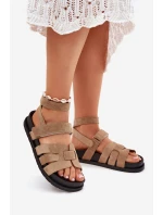 Eko Zamszowe Sandały Damskie Z Rzepami Ciemnobeżowe Valpera