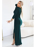 404-15 Elegantné dlhé šaty s obálkovým výstrihom a rozparkom - fľaškovo zelené