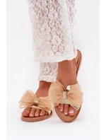 Klapki Damskie Na Płaskim Obcasie Z Tiulową Kokardą Złote Tanira