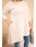 Dámske viskózové šaty PLUS SIZE s voľným strihom a dlhými rukávmi béžovej farby