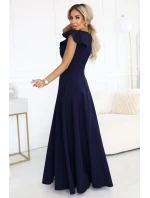 660-1 Elegantné maxi šaty s volánmi, hlbokým výstrihom a rozparkom na nohách - tmavomodré