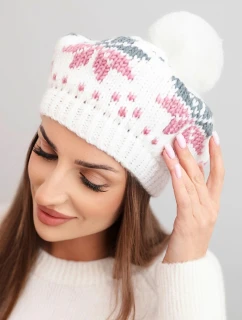 Dámska zimná vlnená čiapka s motívom snehovej vločky a bambulou K457 biela