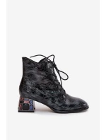 Lakierowane Botki Damskie Z Naturalnej Skóry Na Obcasie Z Kryształkami Artiker 57C0132 Szare