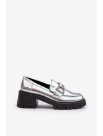 Damskie Skórzane Półbuty Na Masywnym Obcasie Srebrne Lemmitty