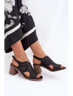 Ażurowe Sandały Damskie Na Słupku Czarne Tosine