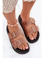 Klapki Damskie Ze Złotymi Klamrami Na Platformie Beżowe Virvania